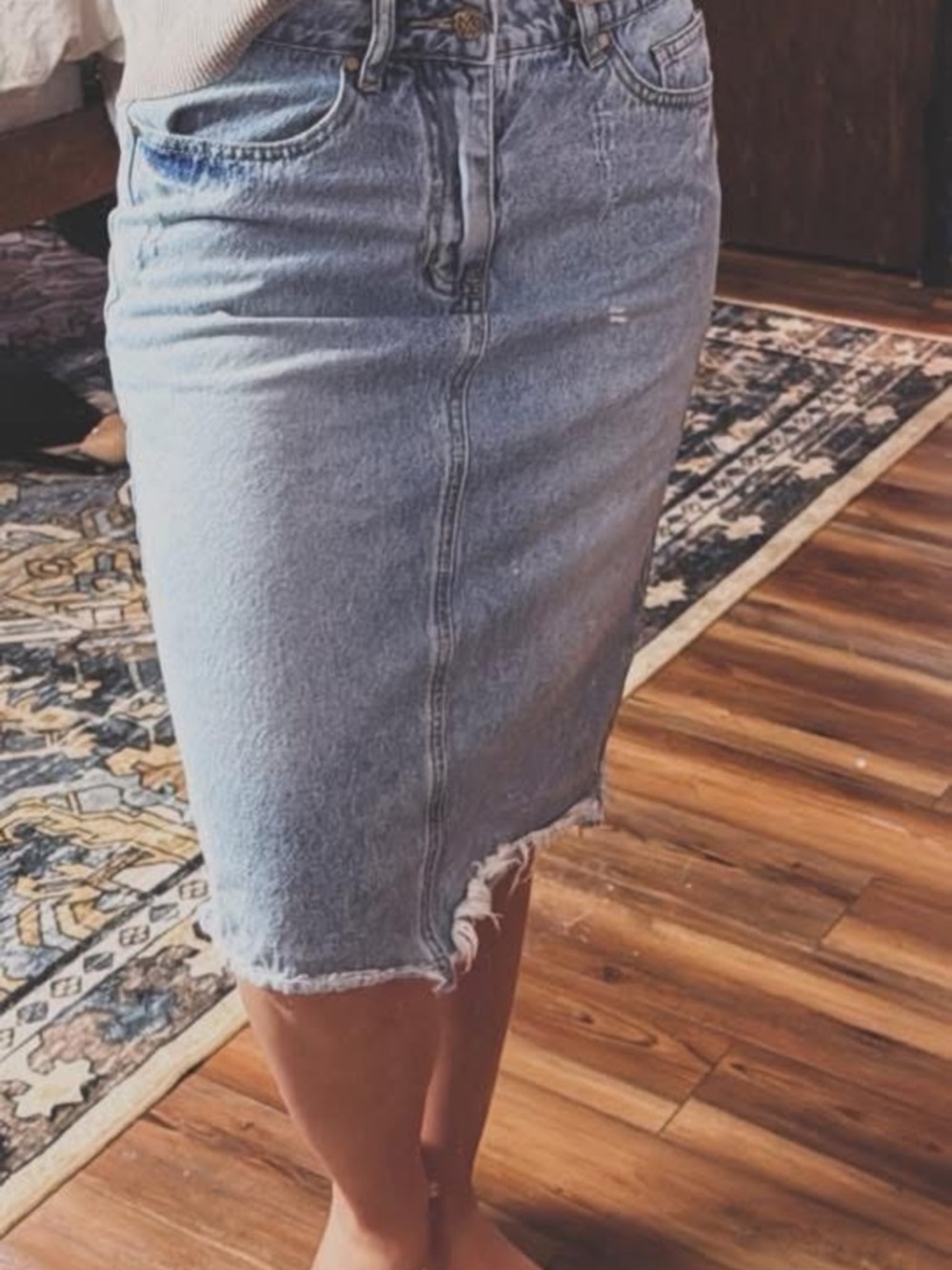 Light Blue Denim Pencil Skirt with Frayed Hem